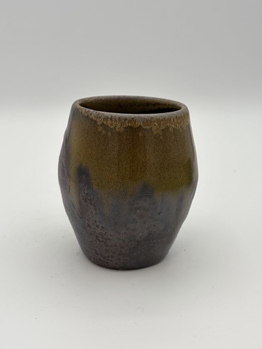 Tessem Pottery Brown Ashy Abstract Wood Fired Cup Vessel Stemless Goblet 4" TT