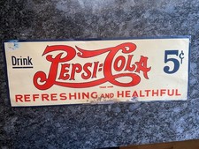 PEPSI COLA DOUBLE DOT  5 CENTS TIN TACKER SIGN - ALL ORIGINAL!  17.25" X 6.25"