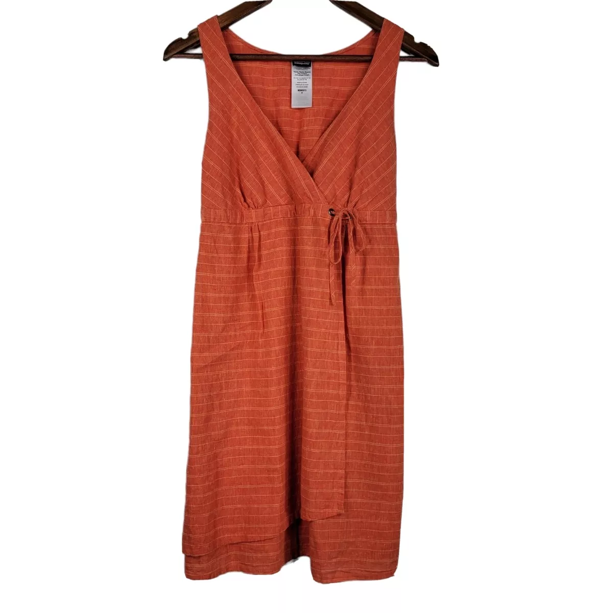 Patagonia Womens Orange Striped Faux Wrap Dress Hemp Cotton Blend