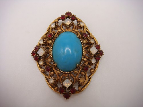 DE COLECCIÓN BROCHE COLGANTE FLORENZA IMITACIÓN TURQUESA RUBÍ PIEDRA LUNAR FIRMADO TONO DORADO - Imagen 13 de 13