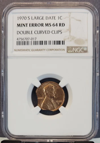 1970 S LINCOLN CENT 1C NGC MS 64 RD MINT ERROR DOUBLE CURVED CLIPS SCARCE