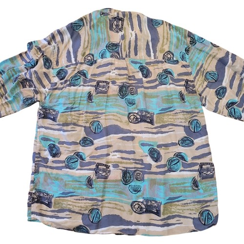 Pure Silk XL Button Up Shirt Abstract Blue Beige Retro - Picture 6 of 6
