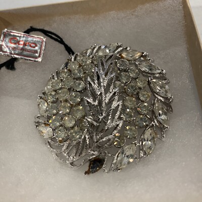 Vtg Coro Silver Tone Clear Rhinestones Round Statement Brooch (2 missing stones)