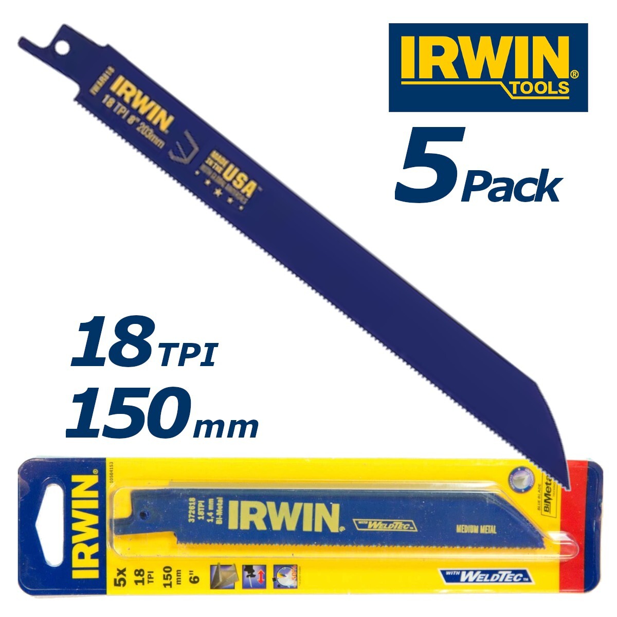 IRWIN Reciprocating Saw Blades for Metal 18TPI 150mm Sabre Saw Blades