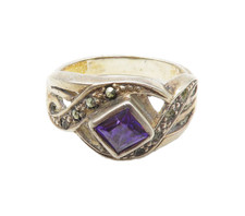 925 Sterling Silver Vintage Purple Topaz  Marcasite Band Ring Sz 7 RG16975