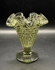 Vintage Fenton Hobnail Colonial Green 4 inch Footed Ruffle Crimped Trumpet Vase