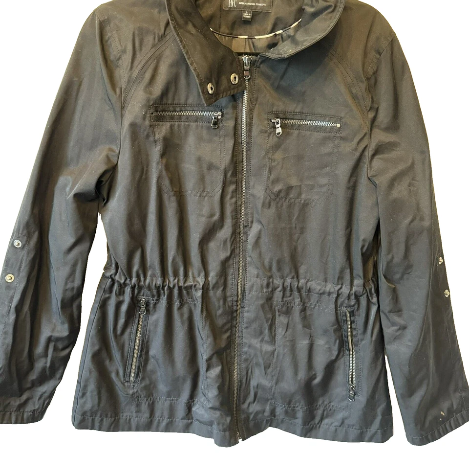 INC International Concepts Chaqueta Mujer Grande Negra Cortavientos Impermeable con Capucha Foto 3 de 4