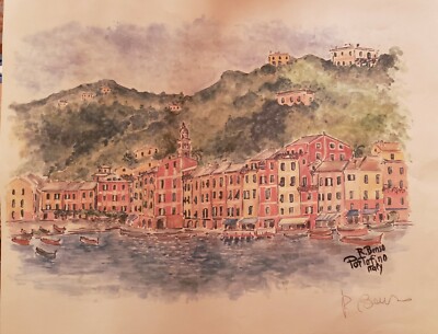 STUNNING! Signed Watercolor Print of Portofino Italy by R. Benso