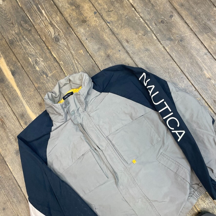 Nautica Sailing Jacket Mens Y2K Vintage Full Zip Rain Coat, Grey, XL image 3