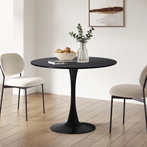 Oikiture 90cm Dining Table Kitchen Swivel Marble Tulip Round Metal Leg Black - Picture 2 of 10