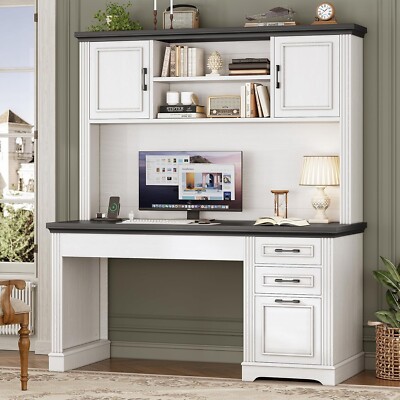 Farmhouse Computer Desk with Hutch and 3 Drawers, 47.2'' Executive Office Desk