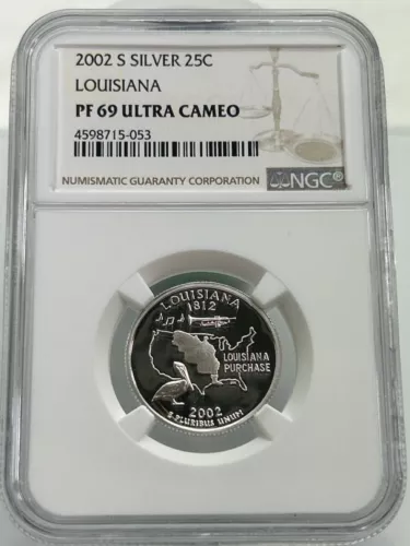 2002 S Silver 25C LOUISIANA PF 69 ULTRA CAMEO NGC (NJL027268)