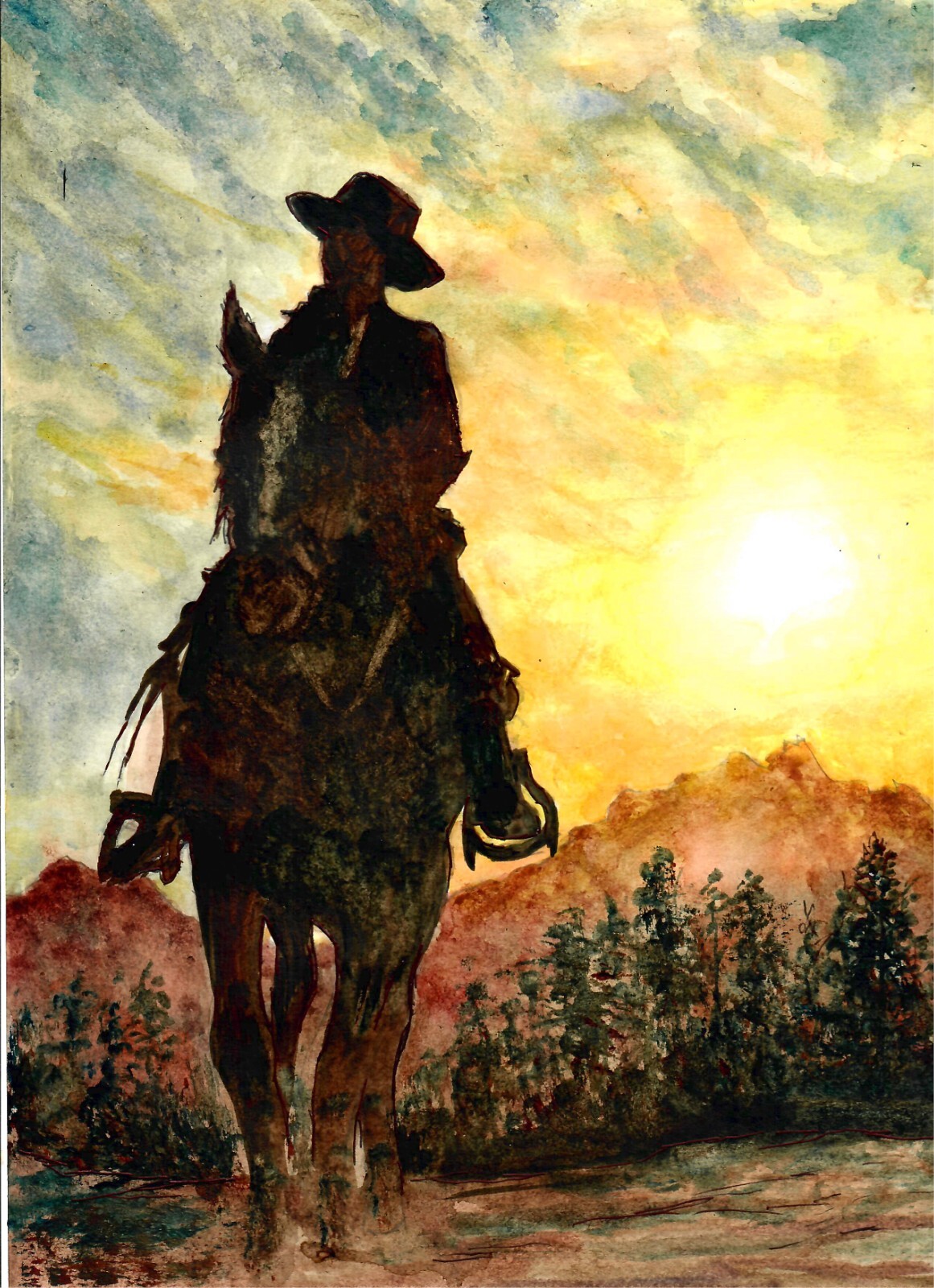 Lone Cowboy In The Sunset, Lone Rider, Cowboy Art Print, Western Art ...