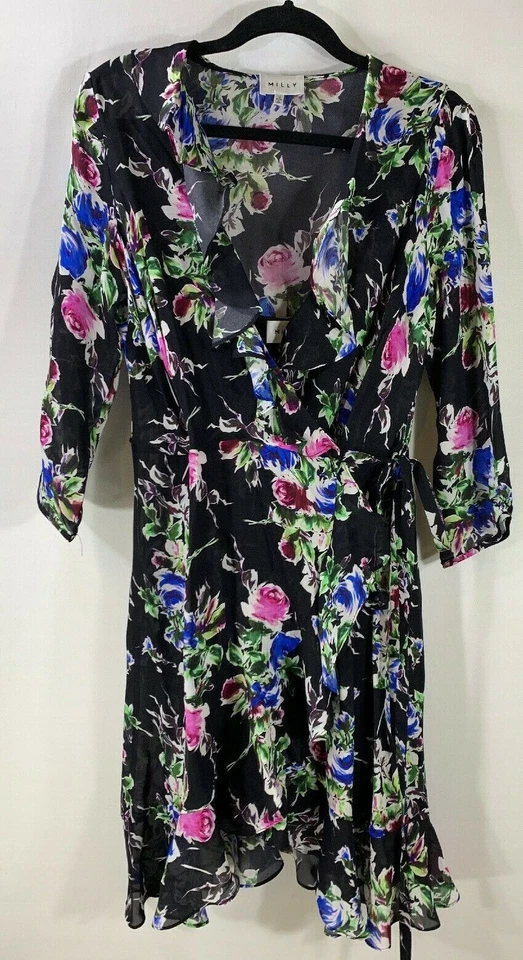 NUEVO MILLY Audrey Vestido Floral Seda Envolvente en Negro/Multi - Talla 10 #D2634 Foto 2 de 4