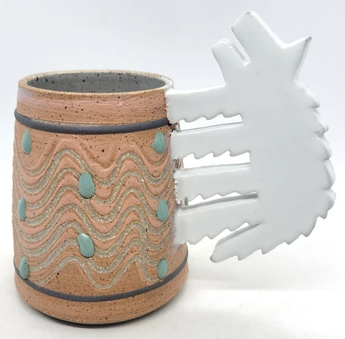 Cunningham Pottery Mug Coyote Wolf Handle Southwest Dots Made in Iowa - VINTAGE