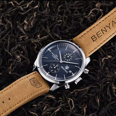 BENYAR Leather Men Quartz Wristwatches Luxury Stainless Steel New Sport Blue