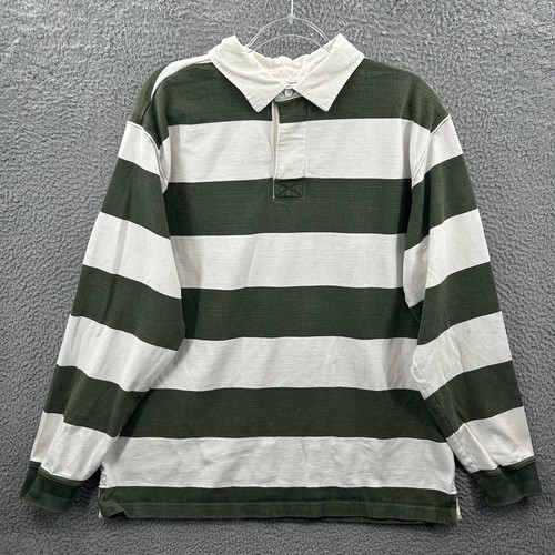 LL Bean Rugby Shirt Men Large Green White Stripe Colorblock Long Sleeve Pullover