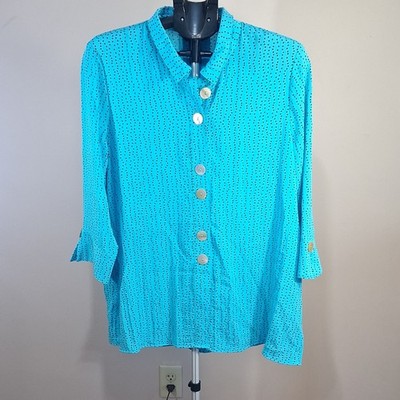 Ali Miles Blue Polka Dot Button-Up Collared 3/4 Sleeve Blouse L