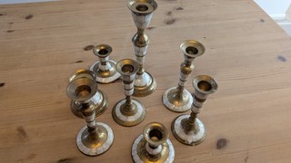 Set of 8 Vintage Brass & Mother of Pearl Candlesticks | Heights 8 21.5cm