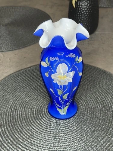 Fenton Cobalt Blue Hand-Painted Vase – Ruffled Top – Signed M. Young – USA Art