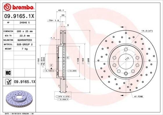 Disque de frein 09.9165.1X BREMBO de 300mm pour Saab et Vauxhall