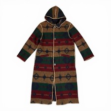 Woolrich Navajo Aztec Long Duster WOOL Sweater Blanket Coat REVERSIBLE Hood Sz L