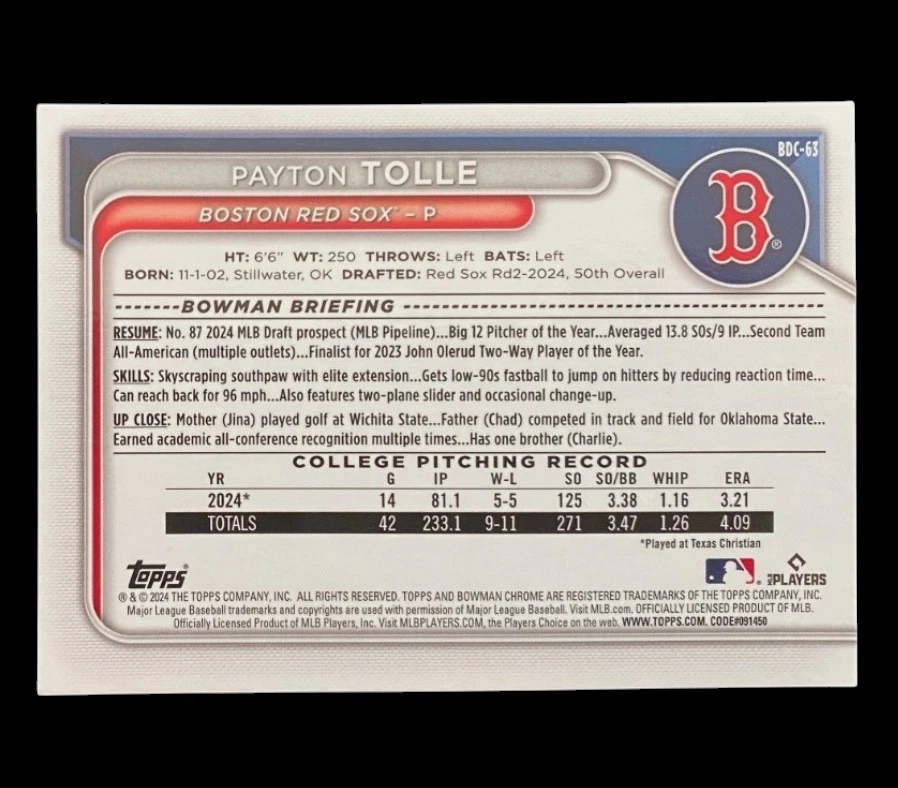 PAYTON TOLLE ROOKIE BLUE CRACKED ICE RARE RERFRACTOR HOLO 1st Chrome - RED SOX - Image 2 of 2