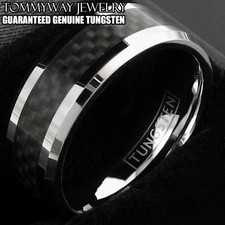 Tungsten Carbide Men's Ring Silver with Black Carbon Fiber Stripe Wedding Band
