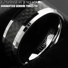Tungsten Carbide Men's Ring Silver with Black Carbon Fiber Stripe Wedding Band