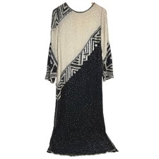 Vintage Judith Ann Creations Black Ivory Beaded 100 Silk Rayon Maxi Dress M