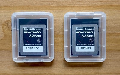 Two Delkin Black  325GB CFExpress B Memory Cards Max Read 1725MBs Write 1530MBs