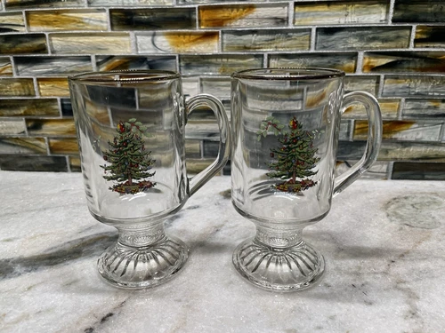 Two Spode Christmas Tree China England Glass 8 Ounce Irish Coffee Mugs Gold Rim