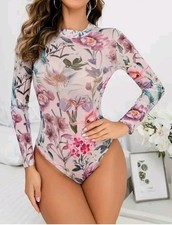 Women's Floral Pink Mesh Thin Long Sleeves Bodysuit Size Medium