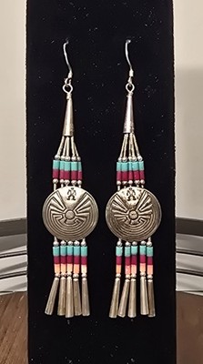 Sterling Silver Native American Anasazi Beaded Dangle Hook Earrings