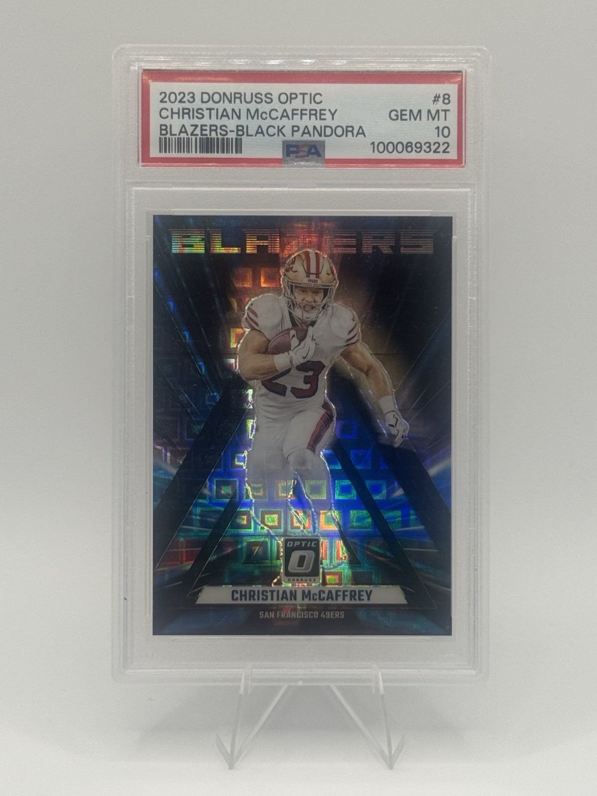2023 PANINI DONRUSS OPTIC BLAZERS BLACK PANDORA CHRISTIAN MCCAFFREY /25 PSA 10
