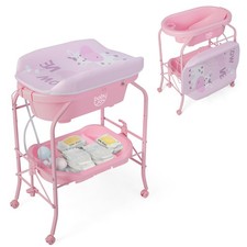Baby Changing Table w/Bathtub, Folding  Portable Diaper Station w/Wheels Pink