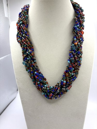 Multicolored Braided Layered Beaded Boho Necklace 26” - Picture 2 of 8