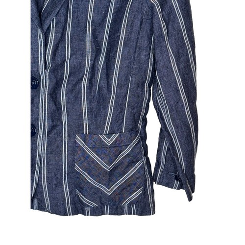 CAbi Womens Jacket Linen Mitered Stripe Nautical Anchor Blazer 3/4 Sleeve Blue 4 - Picture 2 of 9