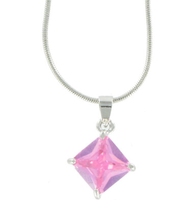 Pink Cubic Zirconia Princess Cut Pendant Necklace Silver Tone Snake Chain 20''