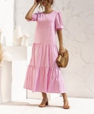 Floral Blooming Pink Gingham Puff-Sleeve Tiered Maxi Dress Size-L