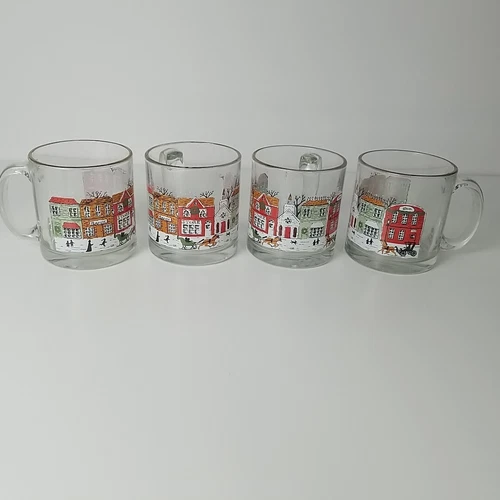 4 Vintage Libbey Christmas Winter Village Snow Scene Coffee Tea Glass Mugs USA