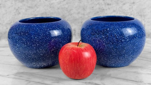 Mid-Century Italian Pottery Blue Glazed Round Planter Vase - A Pair - Picture 2 of 9