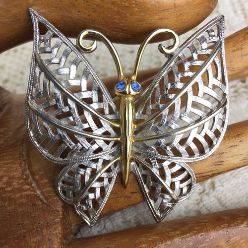 Vintage Butterfly Pin Brooch Blue Rhinestone Crystal Silver Lattice Garden Avon