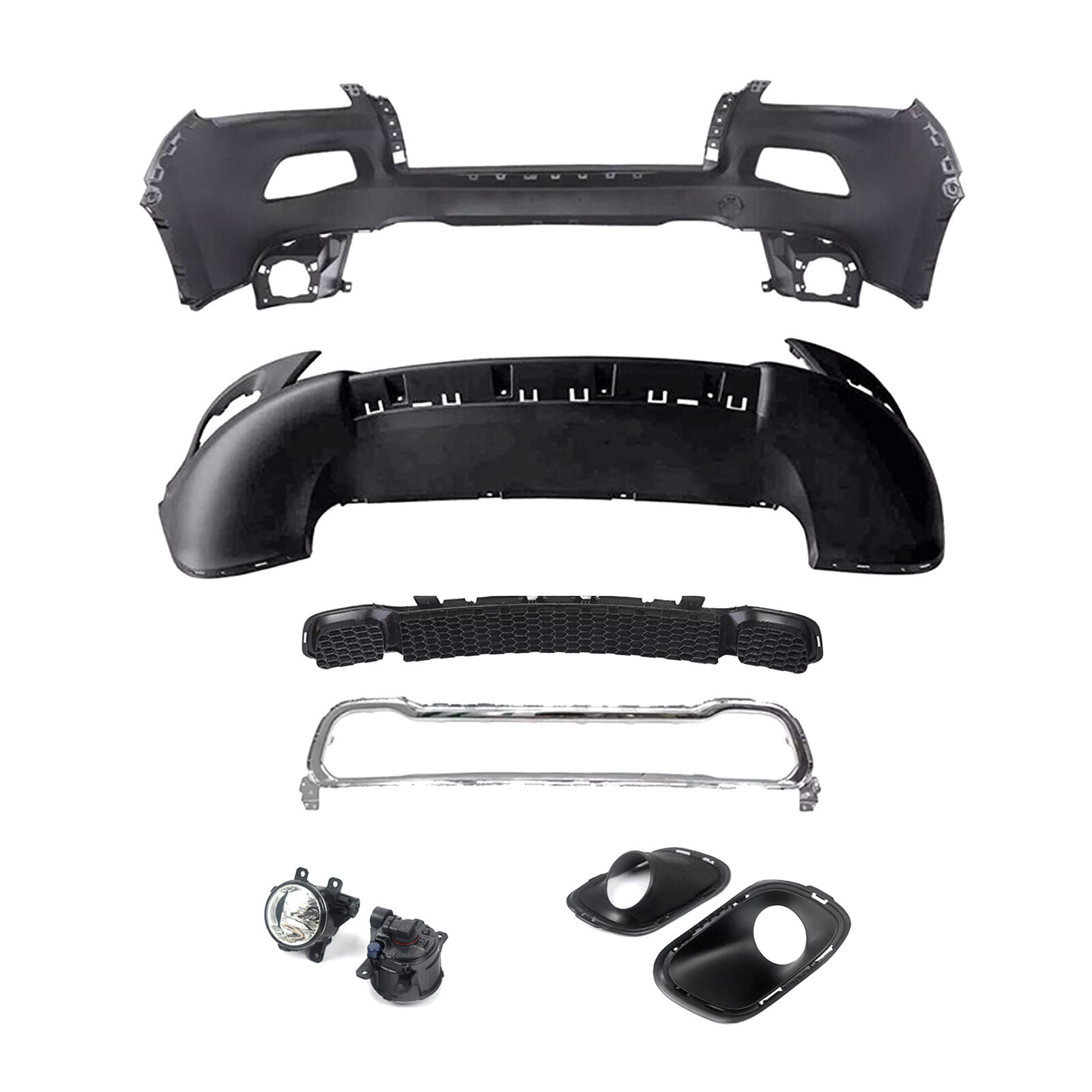 Fits 15-18 Cherokee Front Bumper Cover+Lower Grille+Trim Surround+Fog lamp Kits