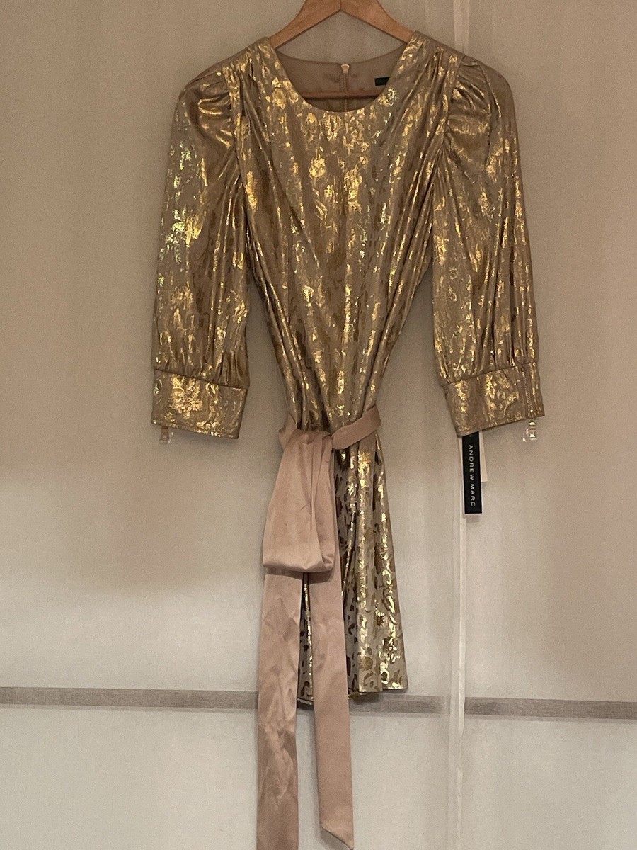 Andrew Marc Metallic Gold Floral Jacquard Dress Lined With Sash Belt Size 6  | eBay