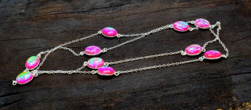 Pink Triplet Opal Gemstone Handmade 925 Sterling Silver Jewelry Necklace Sz 36" - Picture 2 of 3