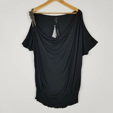 Crossroads Women 14 Black Knot Shoulder Drape Front Elastic Waist Top Brand New