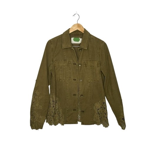 Anthropologie Green Military Cotton Button Up Shacket Twill Lace Utility Small - Picture 12 of 12