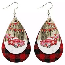 Country Style Vegan Leather Plaid Holiday Earrings