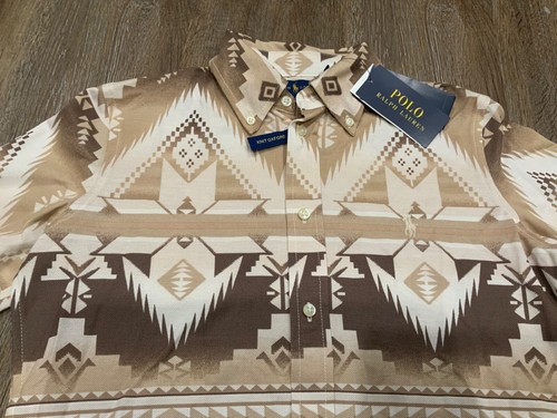 Polo Ralph Lauren Shirt Brown Taupe Oxford Southwestern Aztec Womens Sz Medium - Picture 2 of 11